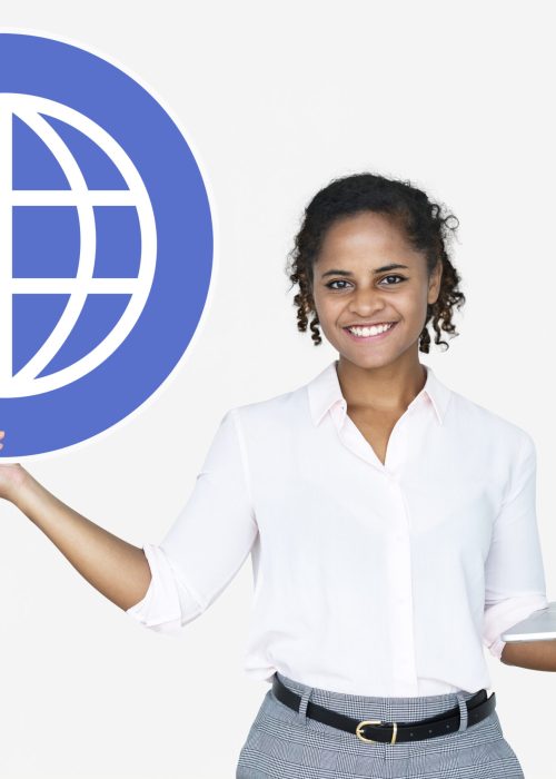 Happy woman holding a laptop and www icon